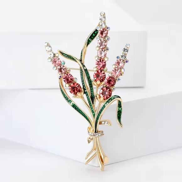 Gold-Tone Pink Crystal Floral Spray Brooch - Picture 2 of 4